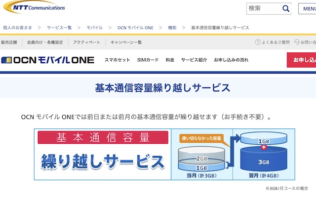 OCNモバイルONE「繰越サービス」画像
