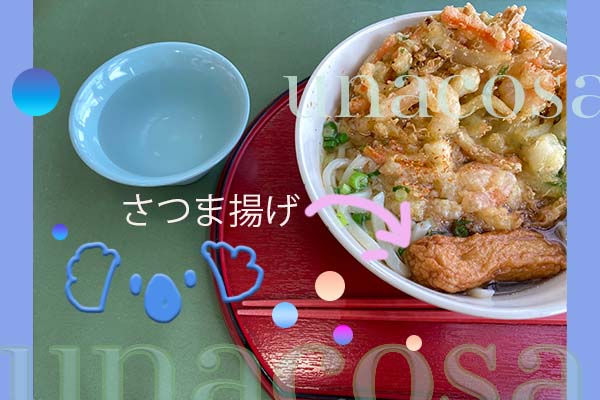 平川動物公園、食堂メニュー「海鮮かきあげうどん」さつま揚げ入りの画像