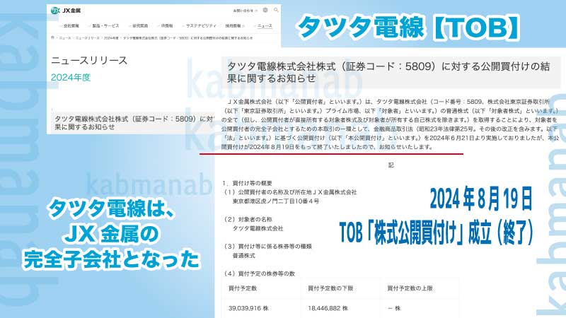 JX金属の公開買い付け終了の発表(タツタ電線,完全子会社)