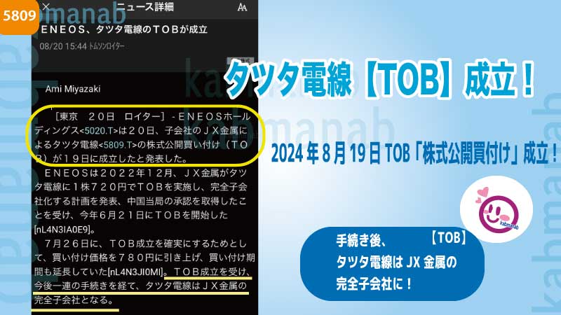 タツタ電線【TOB】成立画像