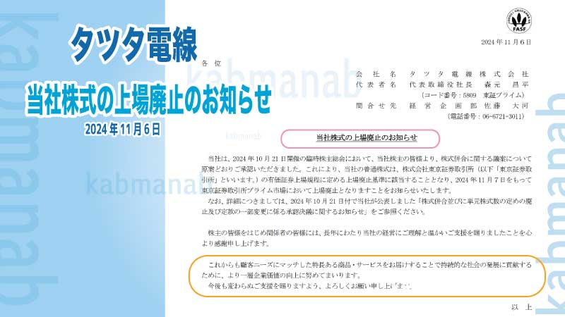 当社株式の上場廃止のお知らせ,タツタ電線